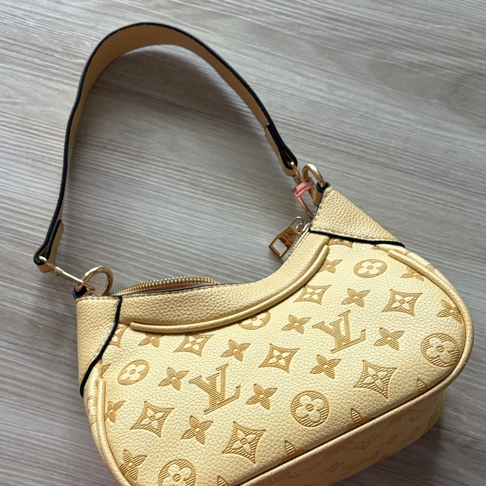 Designer Inspired Yellow Embossed Monogram Shoulder Bag - Picture 5 of 11